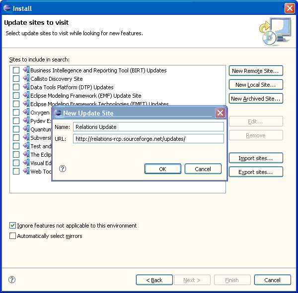 Configuring the Relations update site